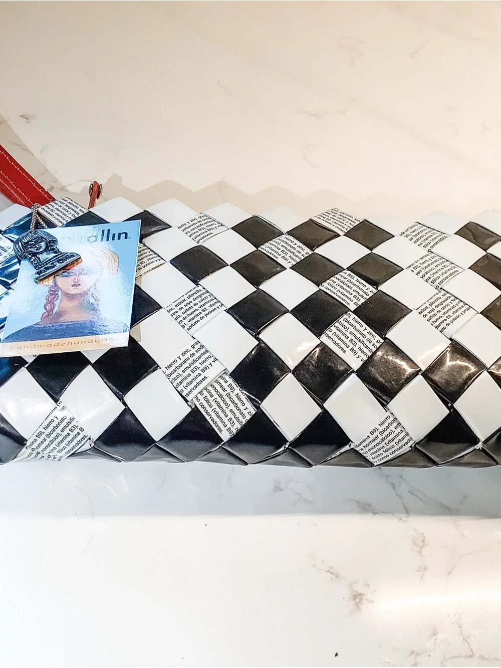 NWT Nahui Ollin Woven Black & White Clutch with Red Wrist Strap